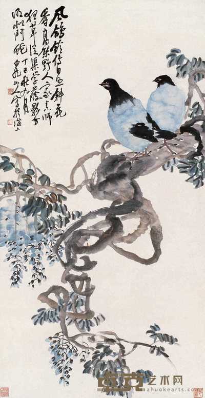 王震 1917年作 白鸽紫藤 立轴 104.5×54cm